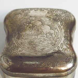 Vintage Silver Plate Trinket Pill Box Engraved with Windmill Dutch Scene